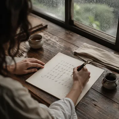 Calligraphy Practice by Rainy Window Desk