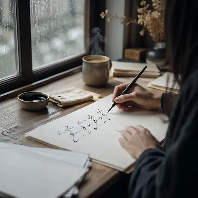 Calligraphy Practice by Rainy Window Desk