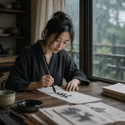 Young Woman Practicing Calligraphy by Rainy Window