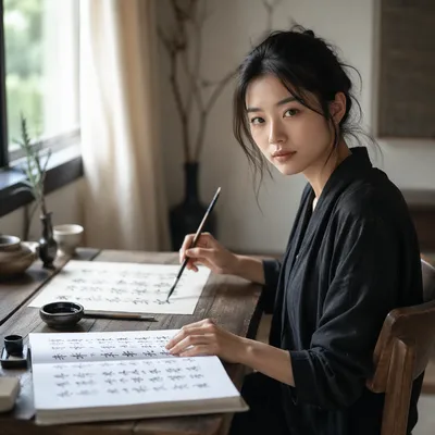 Young Woman Practicing Calligraphy by Window