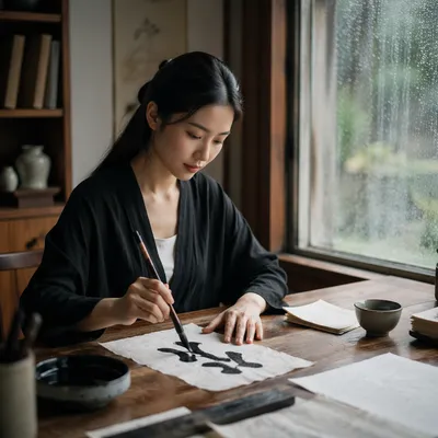 Young Woman Practicing Calligraphy by Window