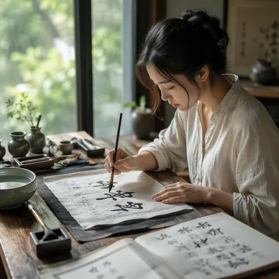 Young Woman Practicing Calligraphy by Window