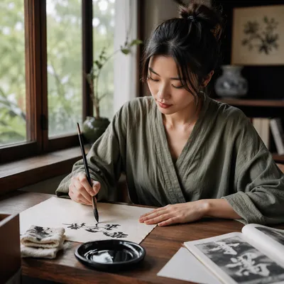 Young Woman Practicing Calligraphy by Window