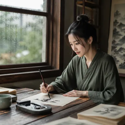 Young Woman Practicing Calligraphy by Window