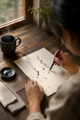 Calligraphy Practice at Rustic Wooden Desk