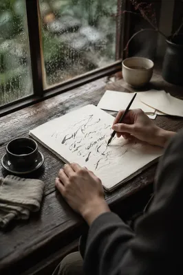 Calm Calligraphy Practice by Rainy Window