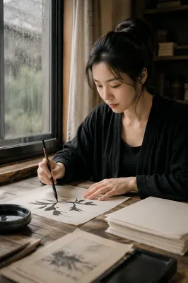Young Woman Practicing Calligraphy by Window