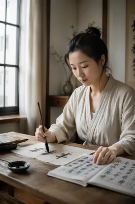 Young Woman Practicing Calligraphy by Window