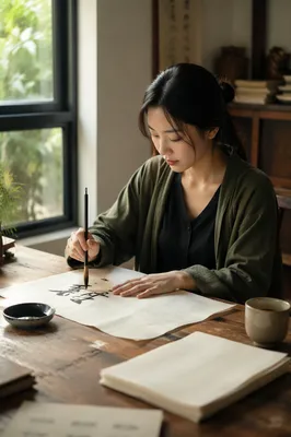 Young Woman Practicing Calligraphy by Window