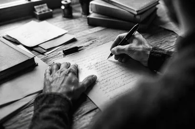 Quiet Calligraphy Practice at Wooden Desk