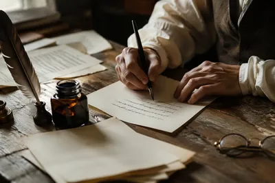 Vintage Calligraphy Practice at Wooden Desk