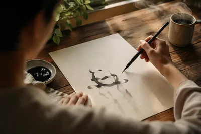 Calligraphy Practice at Rustic Wooden Desk