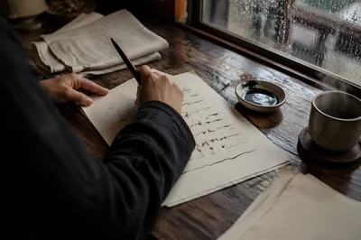 Calligraphy Practice by Rainy Window Desk