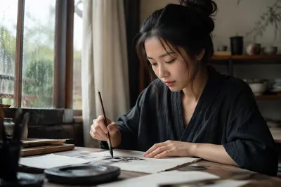 Young Woman Practicing Calligraphy by Window