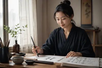 Young Woman Practicing Calligraphy by Window