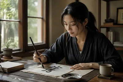 Young Woman Practicing Calligraphy by Window