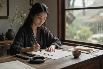 Young Woman Practicing Calligraphy by Window
