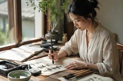 Young Woman Practicing Calligraphy by Window
