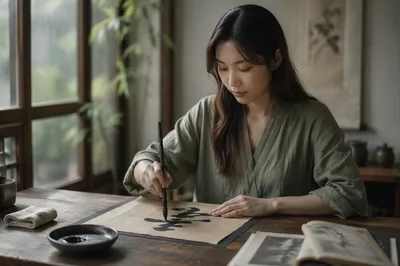 Young Woman Practicing Calligraphy by Window