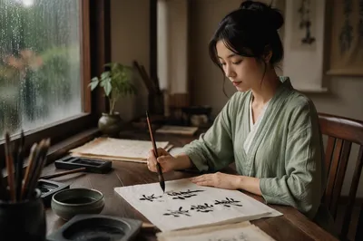 Young Woman Practicing Calligraphy by Window