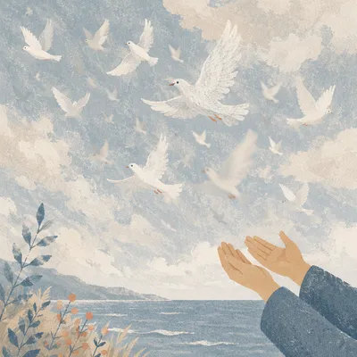 Hands Releasing Doves Over Calm Sea