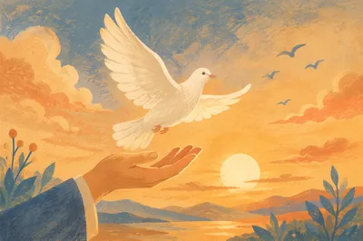 Hand Releasing Dove Into Sunset Sky