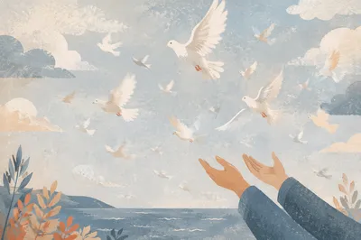 Releasing White Doves Over Ocean Sky