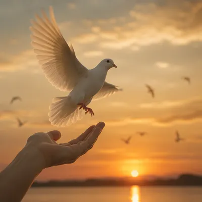 Hand Releasing Dove Into Sunset Sky