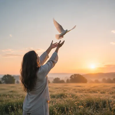 Person Releasing Dove at Sunrise Meadow