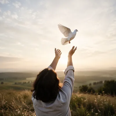 Person Releasing White Dove at Sunrise