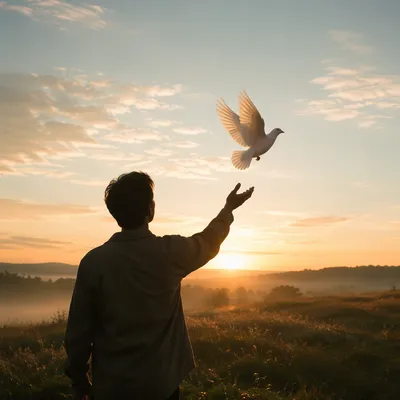 Person Releasing Dove at Sunrise