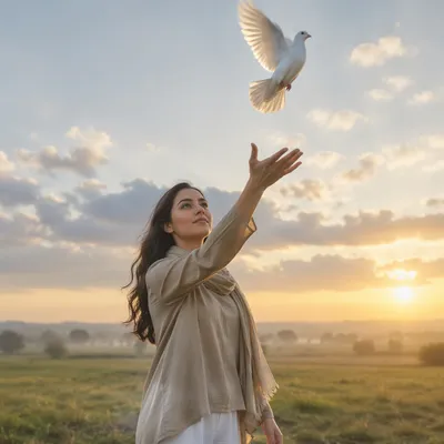 Young Woman Releasing Dove at Sunrise