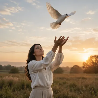 Woman Releasing White Dove at Sunrise
