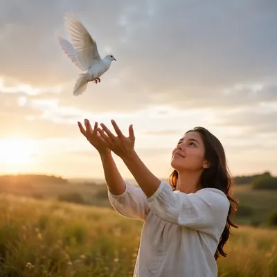 Woman Releasing White Dove at Sunrise