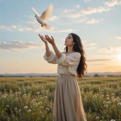 Woman Releasing White Dove at Sunrise