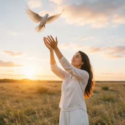 Woman Releasing White Dove at Sunrise