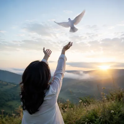 Person Releasing Dove Into Sunrise Sky