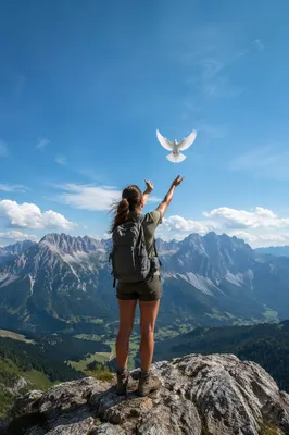 Hiker Releasing Dove on Mountain Summit