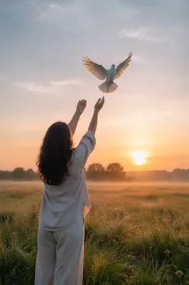 Person Releasing Dove at Sunrise Meadow