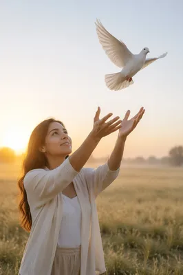 Woman Releasing White Dove at Sunrise