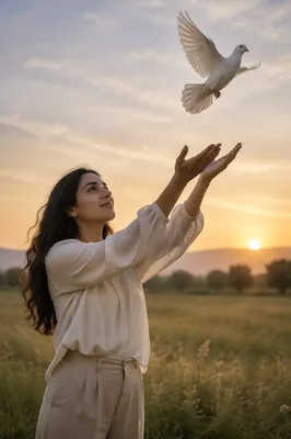 Woman Releasing White Dove at Sunrise