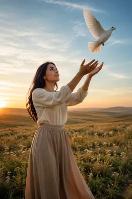 Woman Releasing White Dove at Sunrise