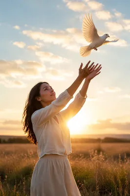 Woman Releasing White Dove at Sunrise