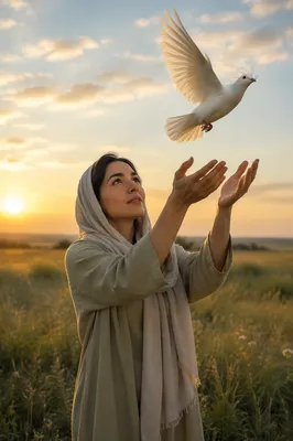 Woman Releasing White Dove at Sunrise