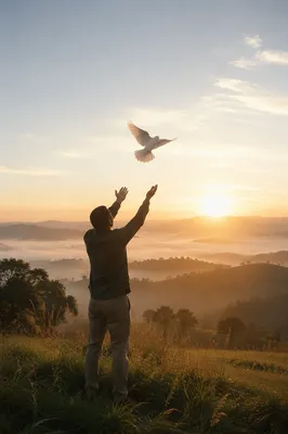 Person Releasing Dove at Peaceful Sunrise