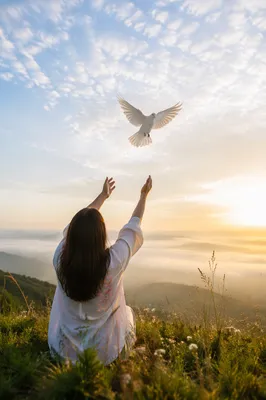 Person Releasing Dove Into Sunrise Sky