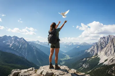 Hiker Releasing Dove on Mountain Summit