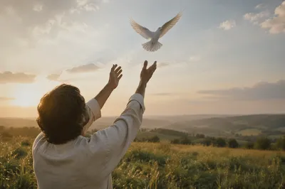 Person Releasing White Dove at Sunrise