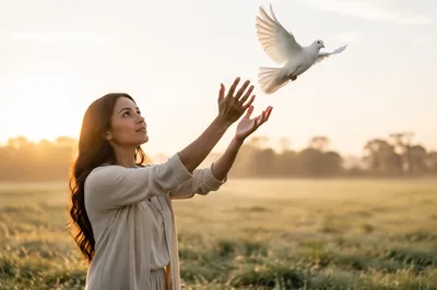 Woman Releasing White Dove at Sunrise
