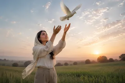 Woman Releasing White Dove at Sunrise